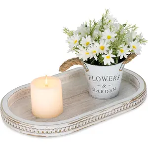 Decorative Trays for Coffee Table : White Oval Centerpiece Tray Wood for Farmhouse Table Round Tray for Living Room Counter