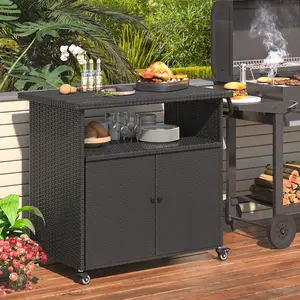 Outdoor Bar Cart with Wheels Rattan Patio Bar Table with Storage Cabinet Outdoor Bar Cart with Wheels Rattan Patio Bar Table with Storage Cabinet