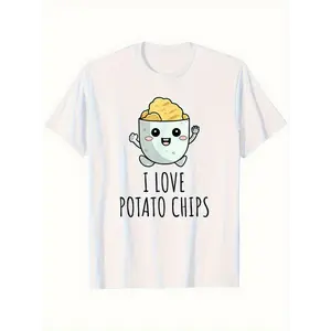 Men's Fun "I Love Chips" Graphic T-Shirt — Featuring a Smiling Chip Bag and Potato Character — Casual Crew Neck, Humorous Tee for Snack Lovers — Perfect for Casual Wear, Parties, and Chip Enthusiasts