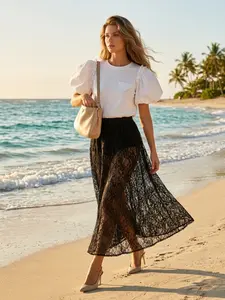 Women's Office High Transparency Waist Skirt, Sheer Fitted Regular Length, Solid Pattern, Sexy Style, No Lining, China Origin