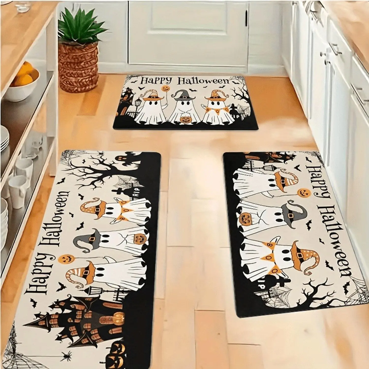 1pc Halloween-Themed Floor Mats, Non-Slip Flannel, Spooky Castle And Ghosts Design, Machine Washable Indoor Mat, Suitable for Bedroom, Living Room, Kitchen, Bathroom, Ideal Halloween Decor
