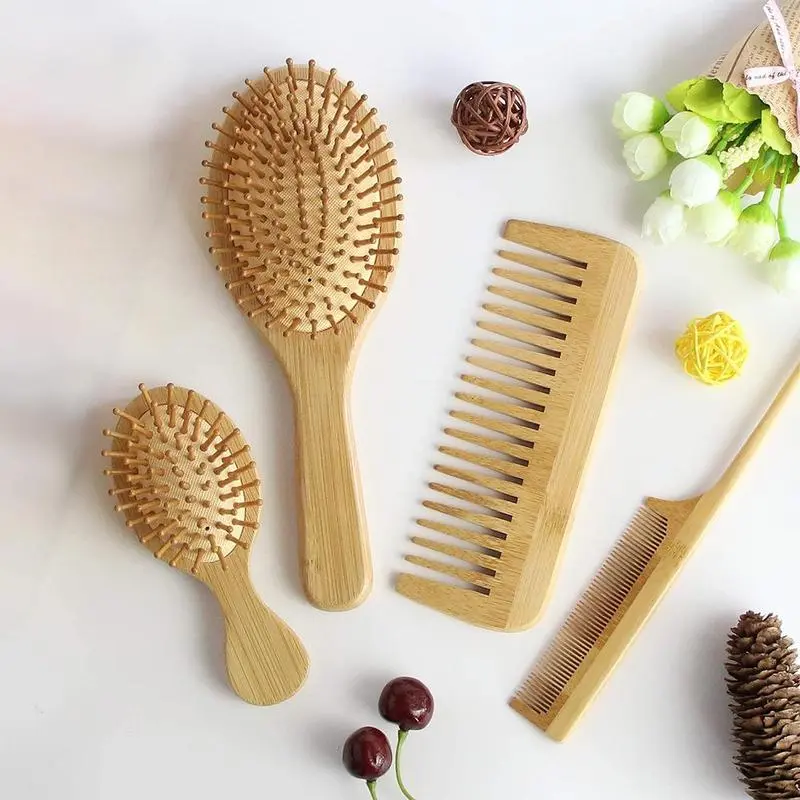 Nanmu Wood Hair Comb Set, 4-Piece Brush Combo Including Large Teeth, Tail, Oval Massage, Mini Massage for Home Salon Use, Wide Tooth Comb, Wooden Brush for Hair