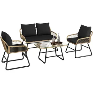 Yaheetech 4 Piece Patio Furniture Set, Outdoor Wicker Conversation Sets, Boho Loveseat & 2 Armchairs with Cushion and Pillow, Glass Top Table for Backyard, Porch, Balcony, Deck - Tan/Black