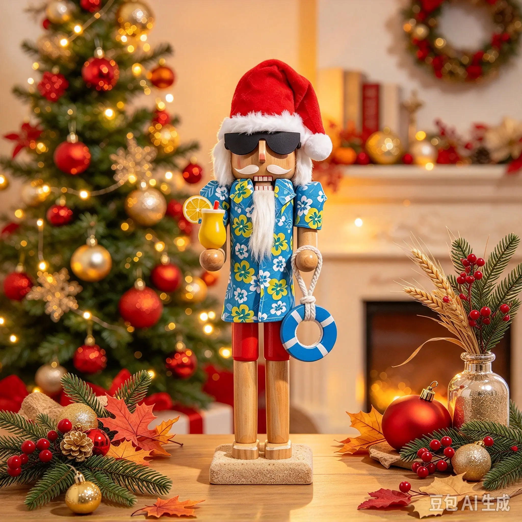 14 Inch Wooden Nutcracker Decor for Fall Thanksgiving, Large Nutcracker Soldier Figure with Tropical Christmas & Harvest Details, Festive Collectible Decor for Home, Table, Mantle, Shelf and Holiday Display
