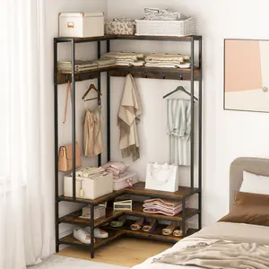COSTWAY - Corner Garment Rack with Open Shelves and 7 Hooks Shoe Bench-Rustic Brown