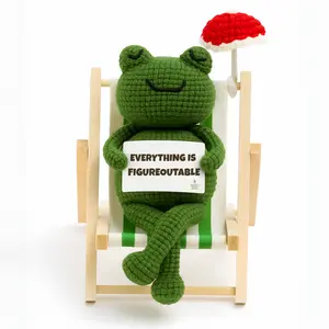 Everything Is Figureoutable Crochet Frog Desk Decor – Funny Emotional Support Frog Plush with Mini Chair & Umbrella, Positive Coworker Gift