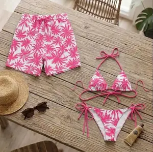 Tropical Matching Couple Swimsuits Set, BF and GF Matching Swimsuits, BF and GF Swimsuits, Camo Bikini Set for Women, Matching Duck Camo Swimwear Set for Couples, Couple Trendy Camo Bikini And Short, Summer Beach Vacation Outfit