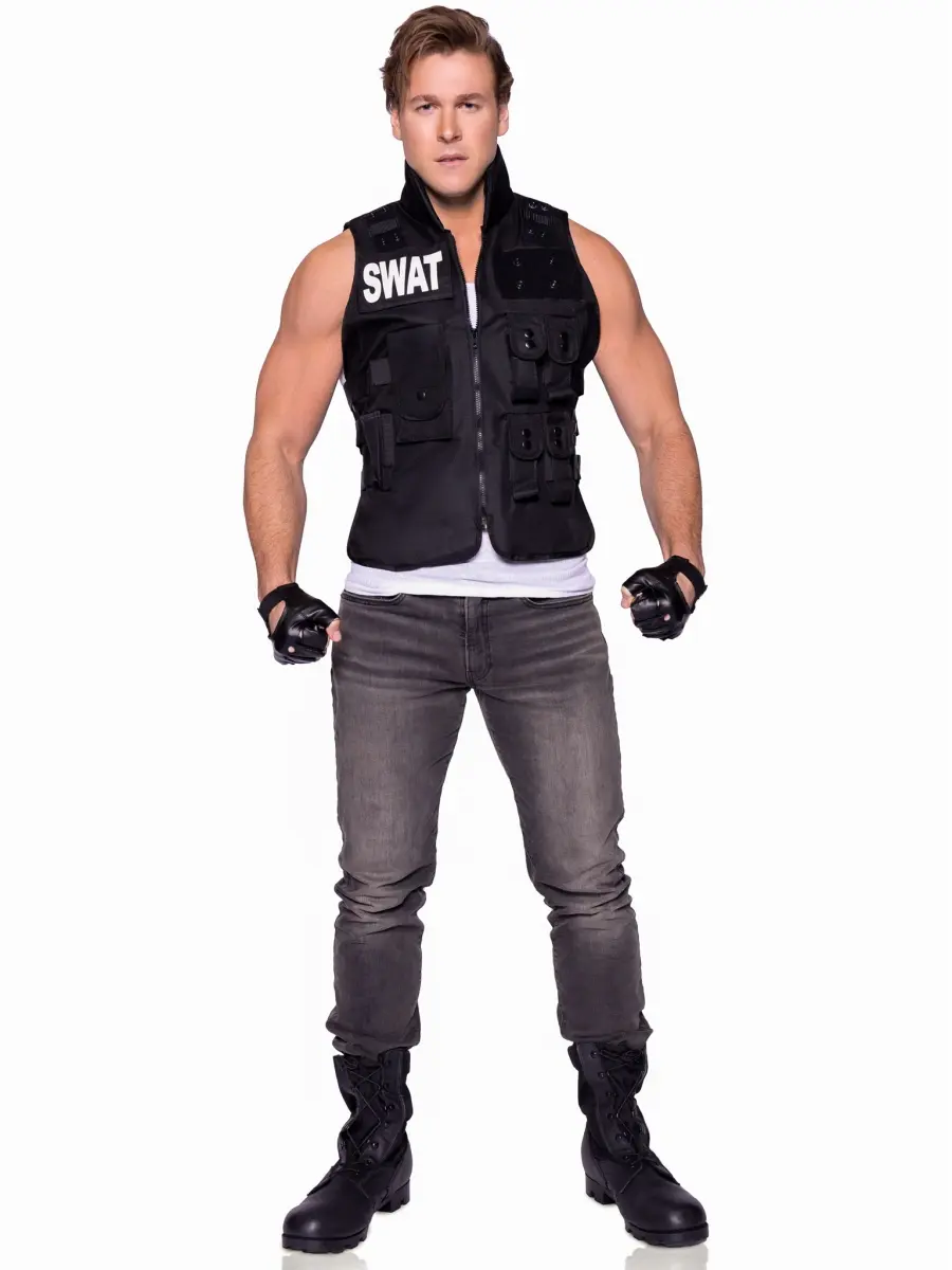 Leg Avenue Men's 2-Piece Black SWAT Commander Halloween Clothes Set - Nylon Utility Vest with Pockets, Fingerless Leather-Infused Gloves, 1 Size Fits Most (Pairs with Jeans for Special Occasions)