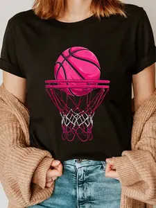 100% Cotton Unisex Vintage Pink Basketball Desgin For Women T-Shirt Graphic Printed Casual Round Neck T shirt