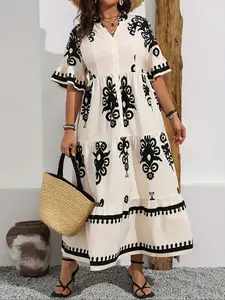 Plus Size Boho V Neck Dress, Short Sleeve Summer Beach Vacation, Women's Casual Fashion, Printed Bohemian Style, Womenswear