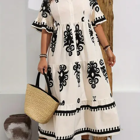 Plus Size Boho Floral V Neck Dress, Short Sleeve Summer Beach Vacation, Women's Casual Fashion, Printed Bohemian Style, Boho Styles, Womenswear