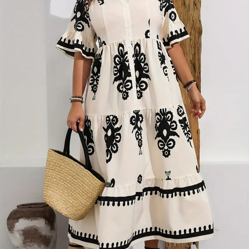 Plus Size Boho Floral V Neck Dress, Short Sleeve Summer Beach Vacation, Women's Casual Fashion, Printed Bohemian Style, Boho Styles, Womenswear