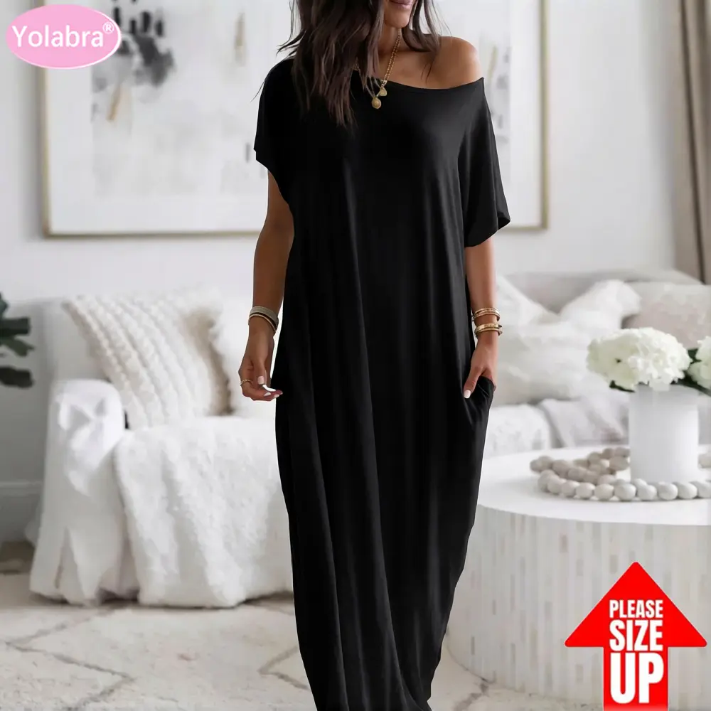 Yolabra Summer Fresh Women Solid Color Casual Dress Short Sleeve Long Style Soft Lightweight Fabric Comfortable Fit Simple Elegant Design Daily Outdoor Wear Fashion Style High Quality Material Modern Female Apparel