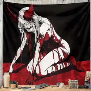 Gothic Wall Tapestry Banner - Blood Red Demon Design, 100% Polyester Fiber, Hand-sewn Edges, Wrinkle-resistant, Indoor-Outdoor Use, Home Decor Accessory for Living Room, Bedroom