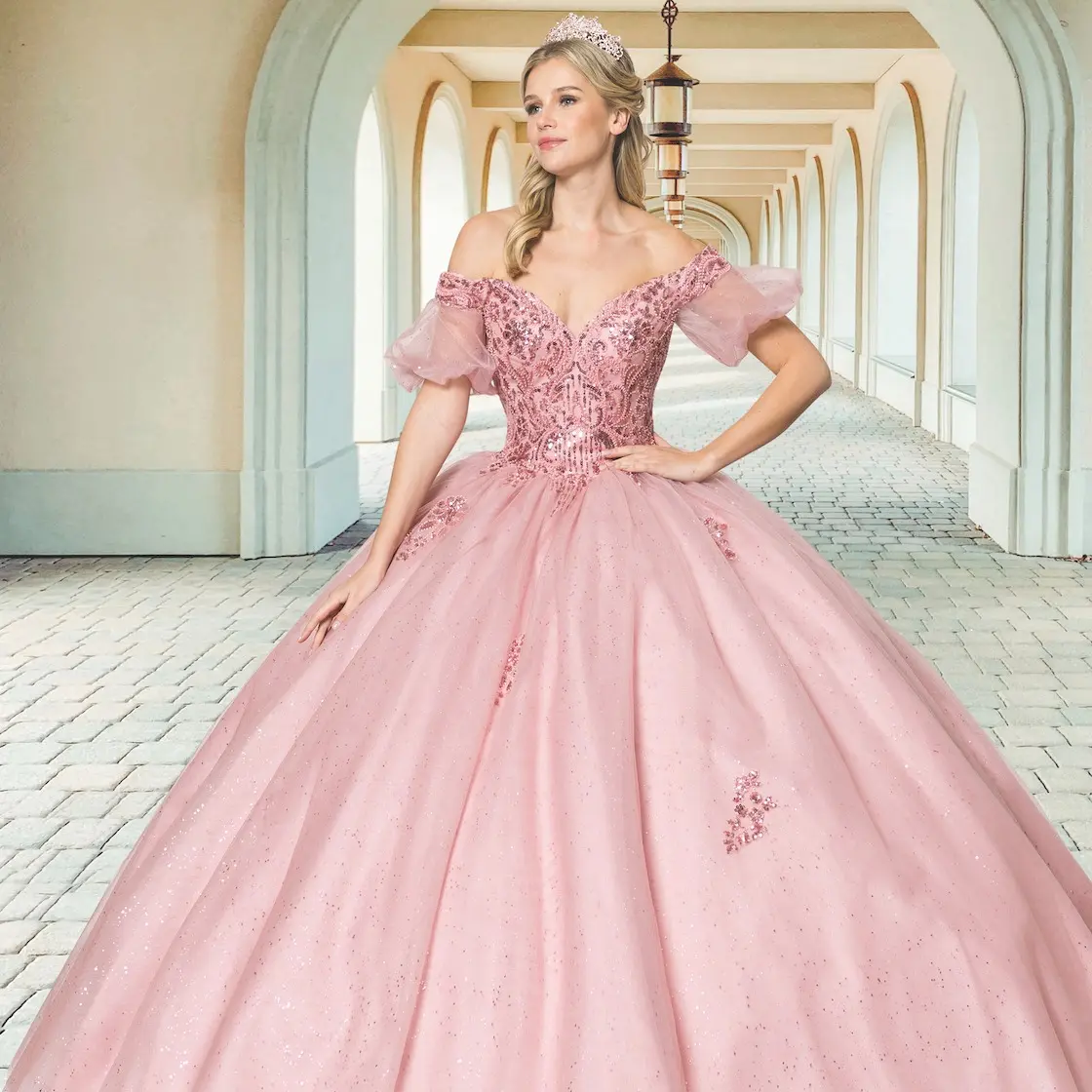 NO.44 Quinceanera Ball Gown Dress Glitter Tulle with Off-Shoulder Design,  Waist Clinking, and Light Tulle Skirt - TikTok Shop
