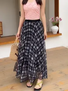 Elegant Vintage Long Plaid Skirt, High-Waisted A-Line Design, Perfect for Daily Wear & Parties, Loose Fit for Comfortable Style