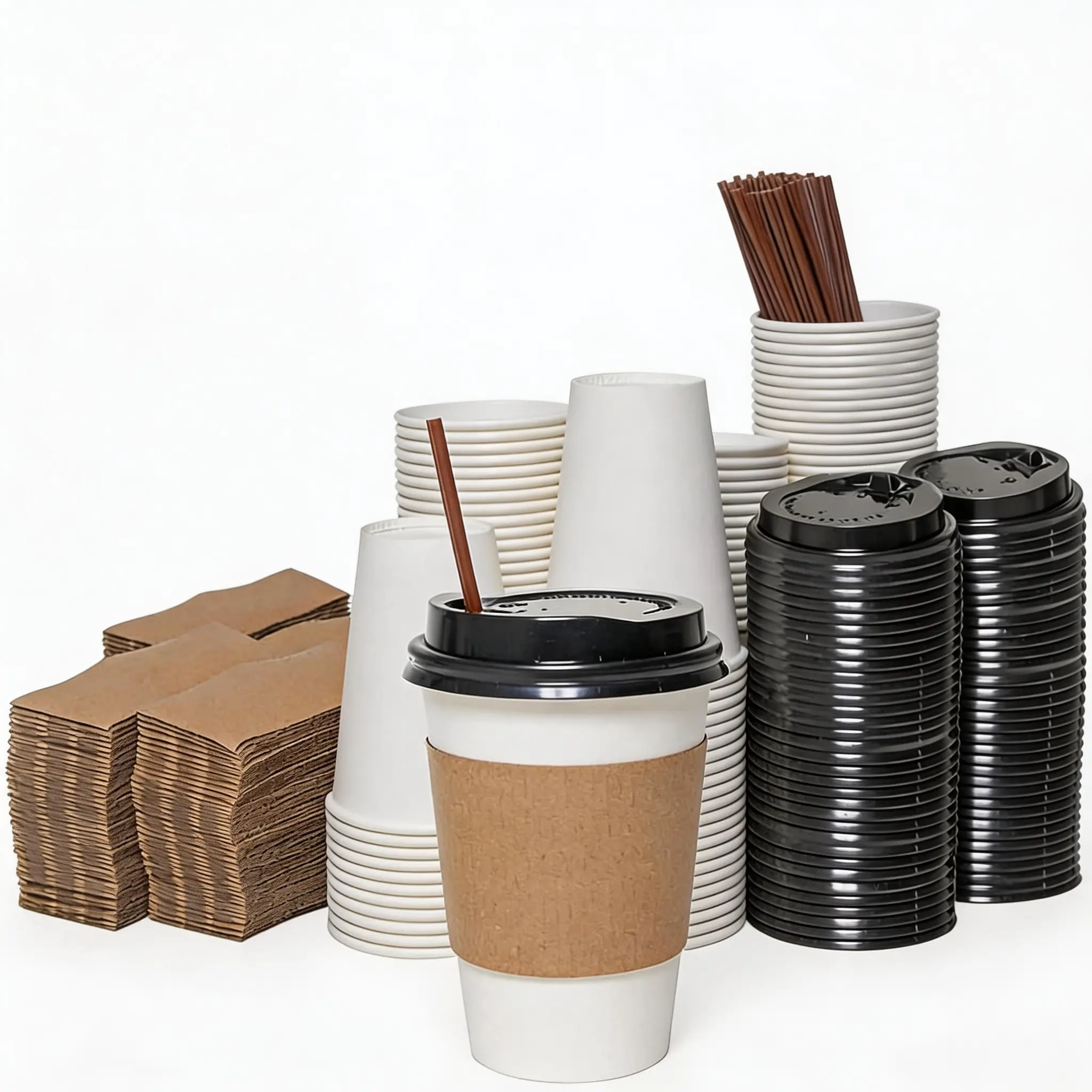 BIBBOO 12oz Heat-Resistant Disposable Paper Cup Set, 50-Pack Leak-Proof To-Go Cups with Lids, Sleeves & Stirrers for Hot/Cold Drinks, Ideal for Business, Party Use (Home & Festive Disposable Tableware)