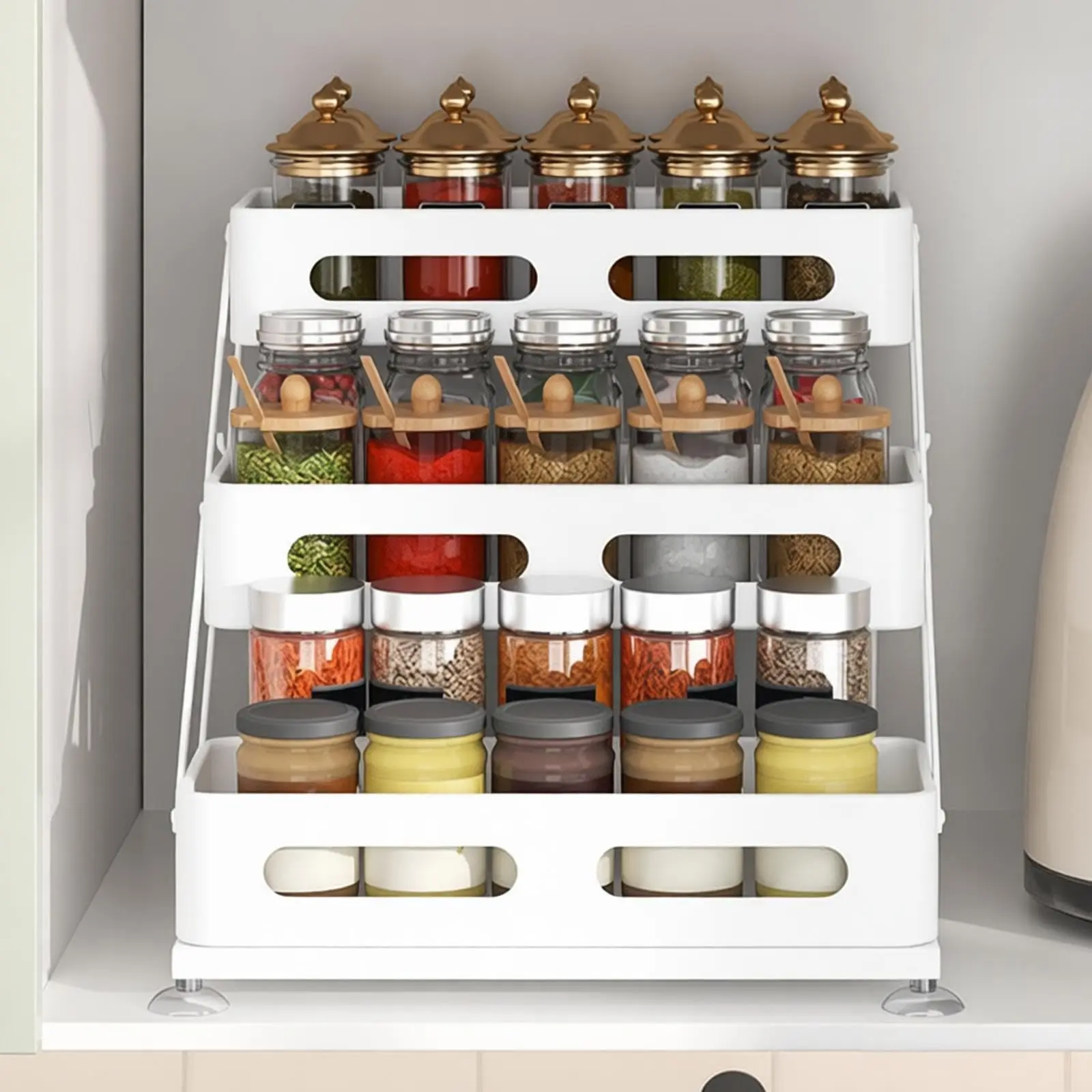 Black 3-Layer Adjustable Metal Rectangle Spice Cabinet-Rack - Space-Saving Foldable Pull-Out Home Supplies Organizer for Pantry, Countertop, Kitchen