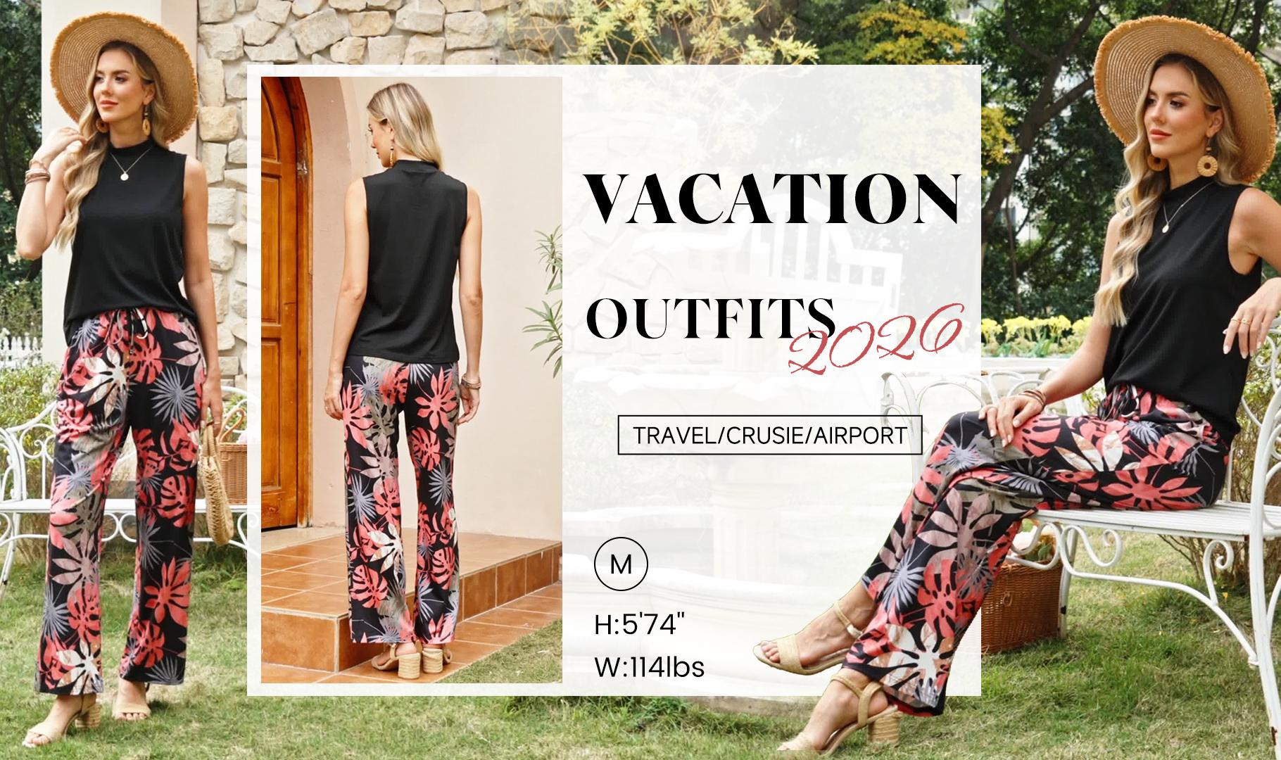 OFEEFAN Two Piece Set for Women Summer Spring Outfits Cruise Travel Airport Beach Vacation Mock Neck Wide Leg Pants Set