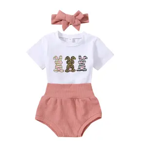 Imcute Infant Baby Girls Easter Outfits Short Sleeve Rabbit Print Romper Elastic Waist Shorts with Hairband 3Pcs Clothes Set