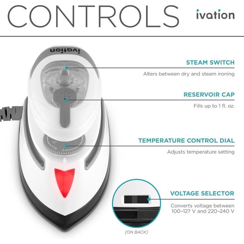 Ivation Travel Steam Iron, Dual Voltage Travel Iron & Clothes Steamer with Nonstick Soleplate & More