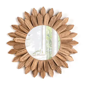 Wall Mirror 12 inch Rustic Wood Farmhouse Mirror Sunburst Boho Mirror Wall Decor Room Decor Home Decor for Bedroom Living Room Entryway Round Wooden