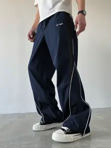 Men's Casual Pants with Side Line Design, Loose Fit Comfortable Wear, Simple Style for Daily or Home Use