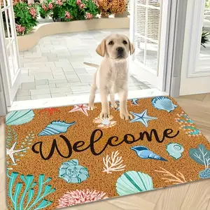 Coastal Welcome Mat with Marine Life & Seashells - Colorful Beach Theme Doormat,  Bathroom Cozy