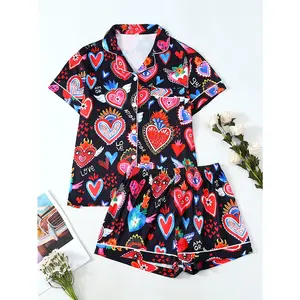 Women's Strawberry Print Shirt & Shorts Pyjama Two-piece Set, Casual Comfy Short Sleeve Collared Top & Shorts Pj Set, Sleepwear For Women, Loungewear, Homewear, Clothes For Women, Womenswear, Pajamas, Soft Lounge Sets, Summer Sleep Set Polyester Colored