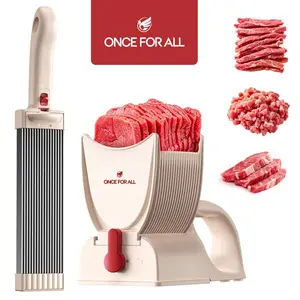 ONCE FOR ALL Kitchen Table Top Manual Meat Slicer Set - 2nd Generation Black Meat Cutter, Stainless Steel, 17 Blades for 18 Cuts, 2mm/4mm Adjustable Thickness, Suction Steady Grip, Sharpener, Knives, Utensils, Fruit Chopping Appliance for Weekly Meal Prep
