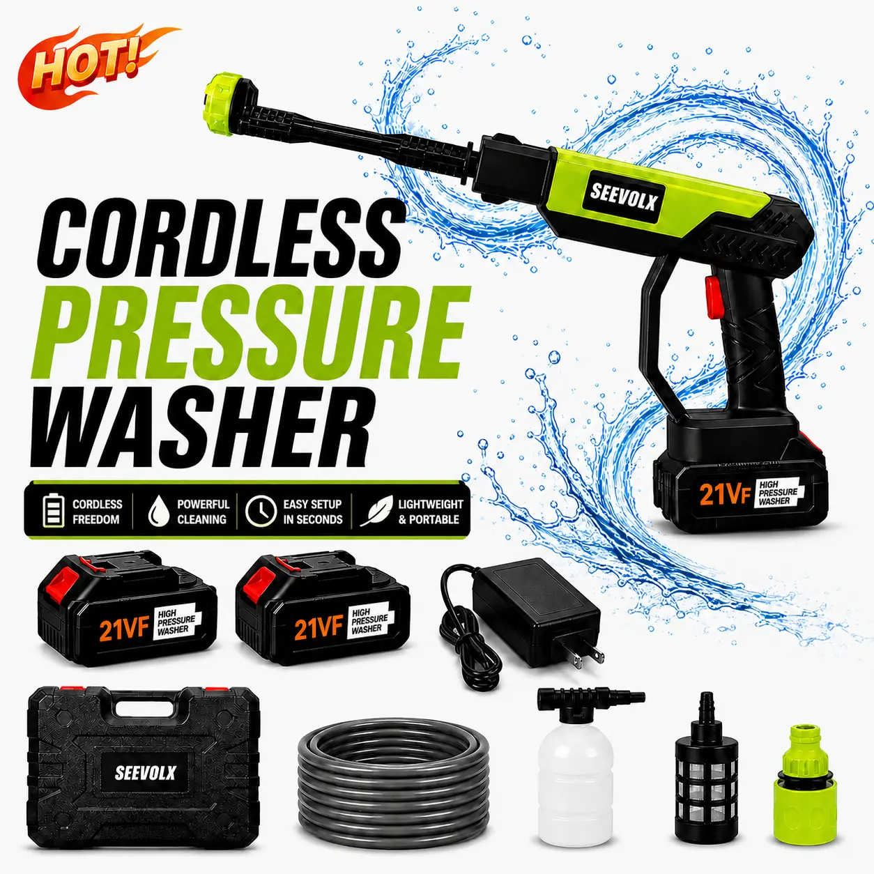 SEEVOLX 21V Cordless High-Pressure Washer, Portable Battery-Powered Cleaner with Batteries for Car Washing, Fence, Home Cleaning Tasks