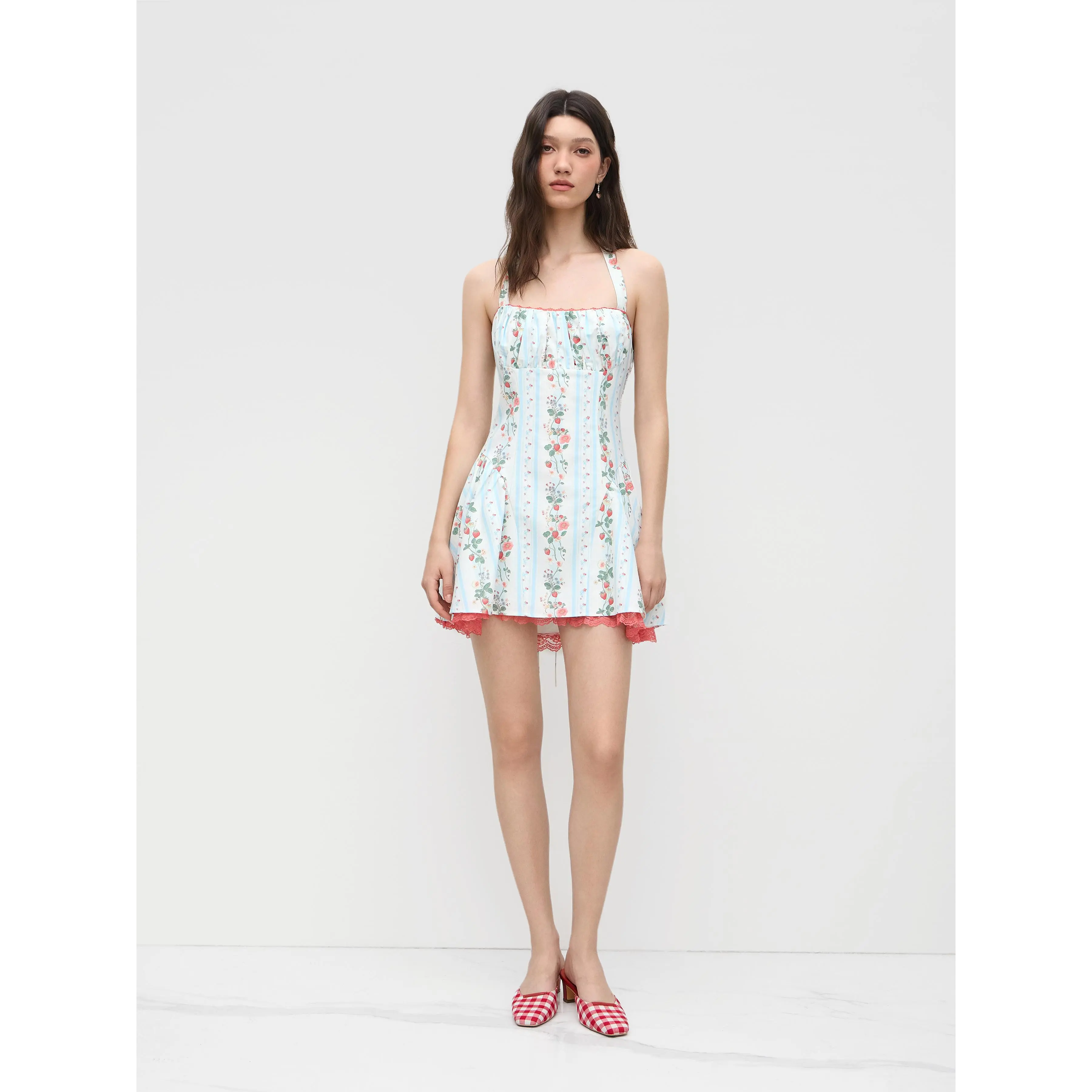 Cider [size 0-10] Linen-blend Halter Neckline Strawberry Floral Lace Up Ruffle  Mini Dress SwimWeek - TikTok Shop