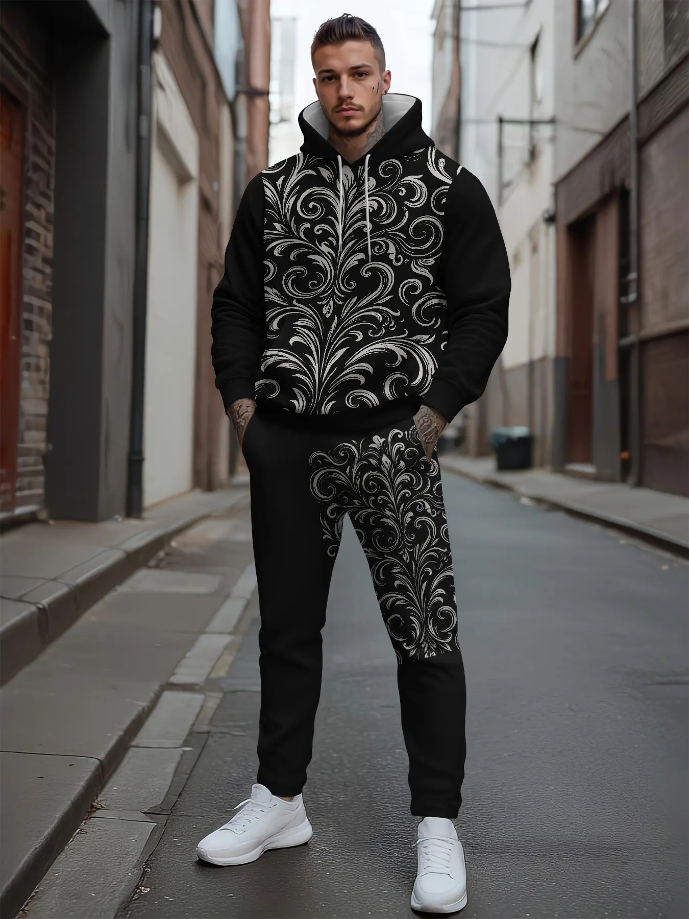 Trendy New Dragon Print Hoodie Set, Casual Fitted Long Sleeve Top and Pants, Sportswear for Running and Outdoor Activities