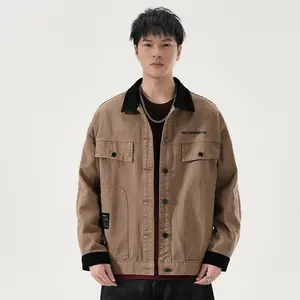 Men Workwear Corduroy Collar Denim Jacket Woven Cotton Washed Coat Big Pocket Towel Embroidery Distressed Casual Utility Jacket