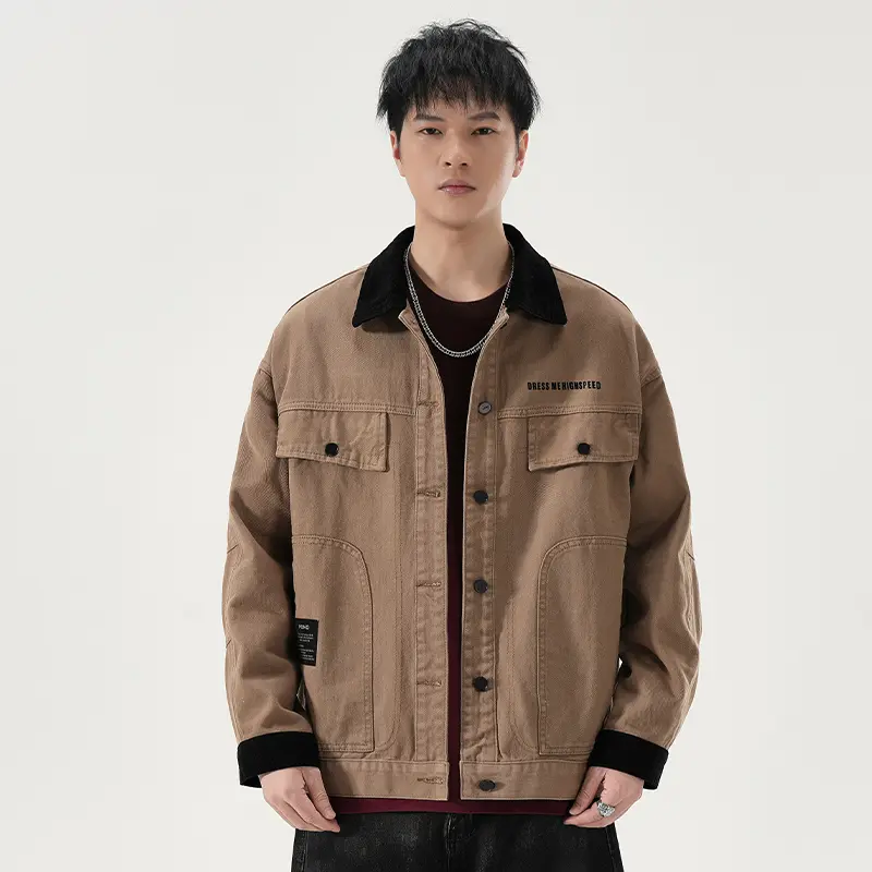 Men's Menswear Outerwear - Corduroy Collar Denim Jacket, Woven Cotton Washed Coat, Big Pocket, Towel Embroidery, Distressed Plain Sleeve Utility Casual Jacket