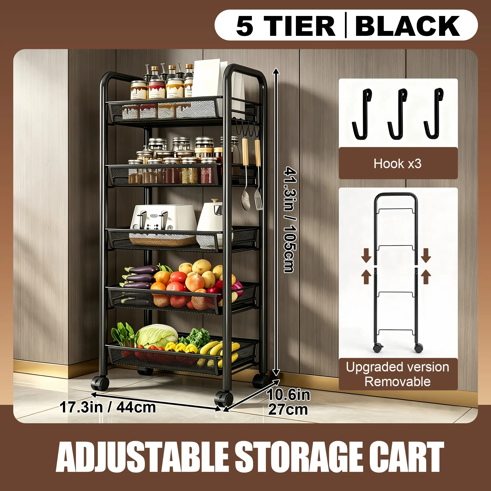 Carbon Steel Rolling Kitchen Cart with Adjustable 3/4/5 Tiers, Wheels, Removable Hooks & Multifunctional Metal Shelves, Mobile Storage Organization Rack for Kitchen, Dining Room, Adjustable Tiers