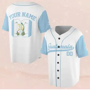 Custom Guatemala Baseball Jersey, Personalized Name & Number Button Up Shirt, White Sky Blue Unisex Fan Team Gift WN