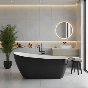 Garvee Freestanding Acrylic Bathtubs in 59 and 67 Inch Sizes, Featuring Deep Soaking Design, Chrome Drain & Overflow, Modern Ergonomic Oval Shape, Black & White or Gloss White Finish, Ideal for Home Spa and Bathroom Renovation
