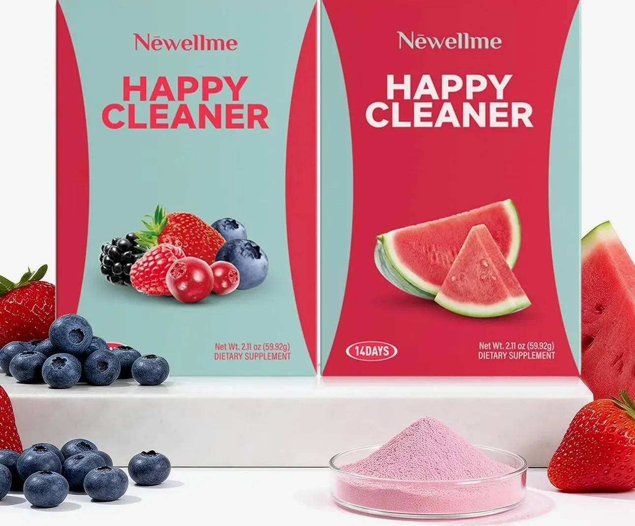 NEWELLME Happy Cleaner Superfood Powder | Digestive & Gut Health, Prebiotics & Probiotics for Women & Men, Support for Bloating & Regularity, Vegan Sugar-Free, Watermelon & Berry Flavors, 28 Sachets