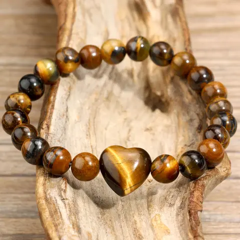 Natural Tiger Eye Heart Beaded Healing Crystal Bracelet, Beautiful Bracelets, 8mm Stone Jewelry for Men & Women, Perfect Gift for Valentine's Day & Thanksgiving, Crystals and Healing Stones