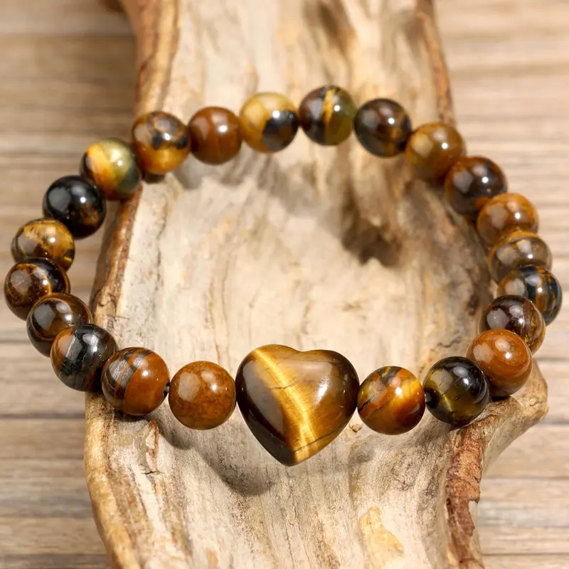 Natural Tiger Eye Heart Beaded Healing Crystal Bracelet, Beautiful Bracelets, 8mm Stone Jewelry for Men & Women, Perfect Gift for Valentine's Day & Thanksgiving, Crystals and Healing Stones