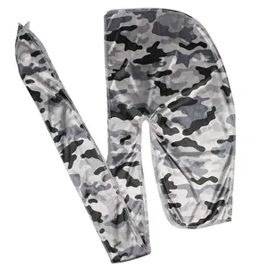 Men Camo Silk Durag Long Straps Silky Durags Bandana Waves Cap
