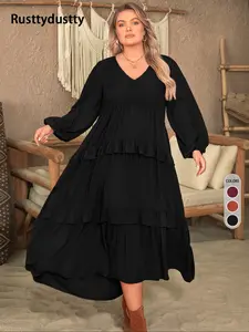 Plus Size Plain Woven Lantern Sleeve Tiered Ruffle Trim Smock Dress, Elegant Style Aesthetic V Neck Long Sleeve Dress for Vacation Party Wedding Guest, Women's Clothes for All Seasons
