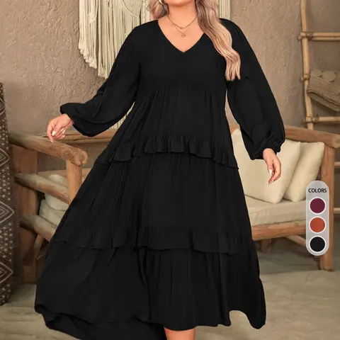 Plus Size V-Neck Tiered Woven Dress, Long Sleeve Balloon-Sleeve Smock Dress with Ruffle Trim, Solid Color, for Vacation, Parties & Wedding Guest