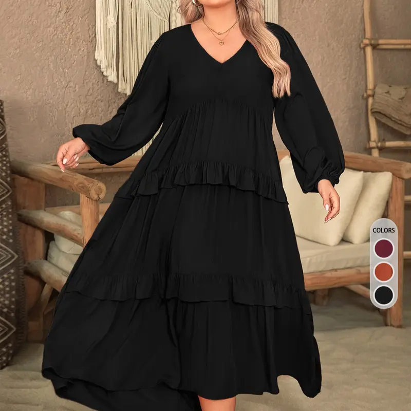 Plus Size V-Neck Tiered Woven Dress, Long Sleeve Balloon-Sleeve Smock Dress with Ruffle Trim, Solid Color, for Vacation, Parties & Wedding Guest
