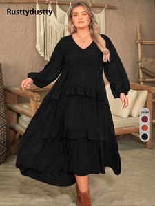 plus size plain lantern sleeve tiered ruffle trim smock dress, elegant v neck long sleeve dress for vacation party wedding guest, women's maxi clothes for all seasons, womenswear