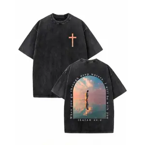 Cross & Isaiah Verse Design 230g Washed Cotton T-Shirt Retro Streetwear Double-Sided Print Pattern Men's T-Shirt Distressed Summer Wear Drop-Shoulder y2k,Vintage,Streetwear Christmas heavyweight pure cotton t-shirt