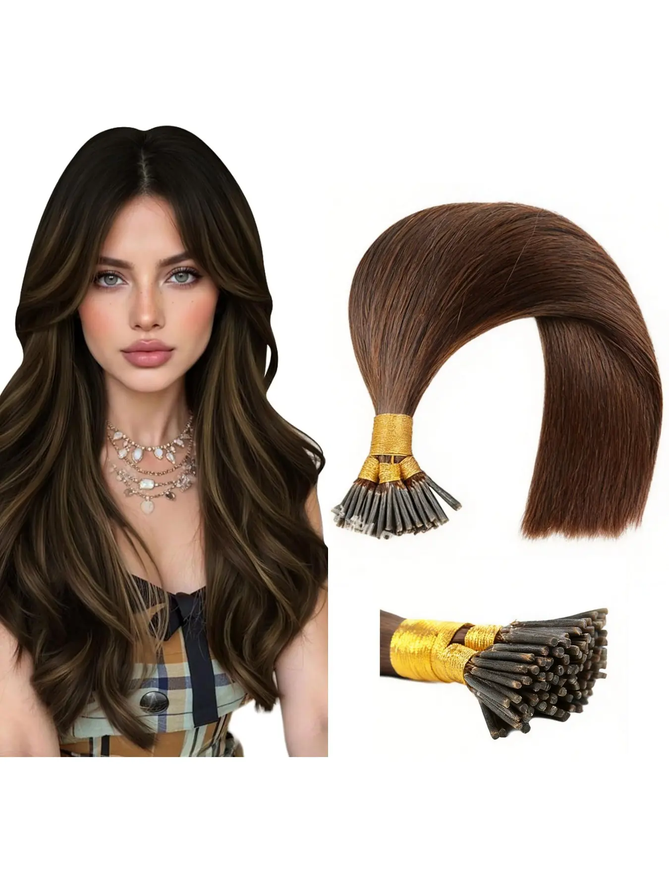 100% Human Hair Nanobead Extension, Pre Bonded Extensions, 16-24 Inch Pre-Tied I-Tip, Seamless Invisible Hairpiece, Medium Length, Women's Use, 50g, Natural Looking Hair