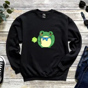 Dark Green Saluting Frog • TikTok Douyin Toad with Toad Balloon Standing with Bandana Sweatshirt • Funny Chinese Japanese Meme Streetwear •
