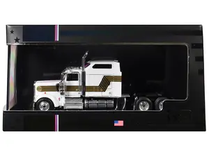 1995 Kenworth W900 Truck Tractor White with Black and Gold Stripes 1/64 Diecast Model by IXO Models